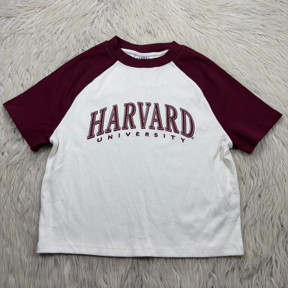 Harvard University Women's M Ribbed Cropped Colorblock Baby Tee Embroidered